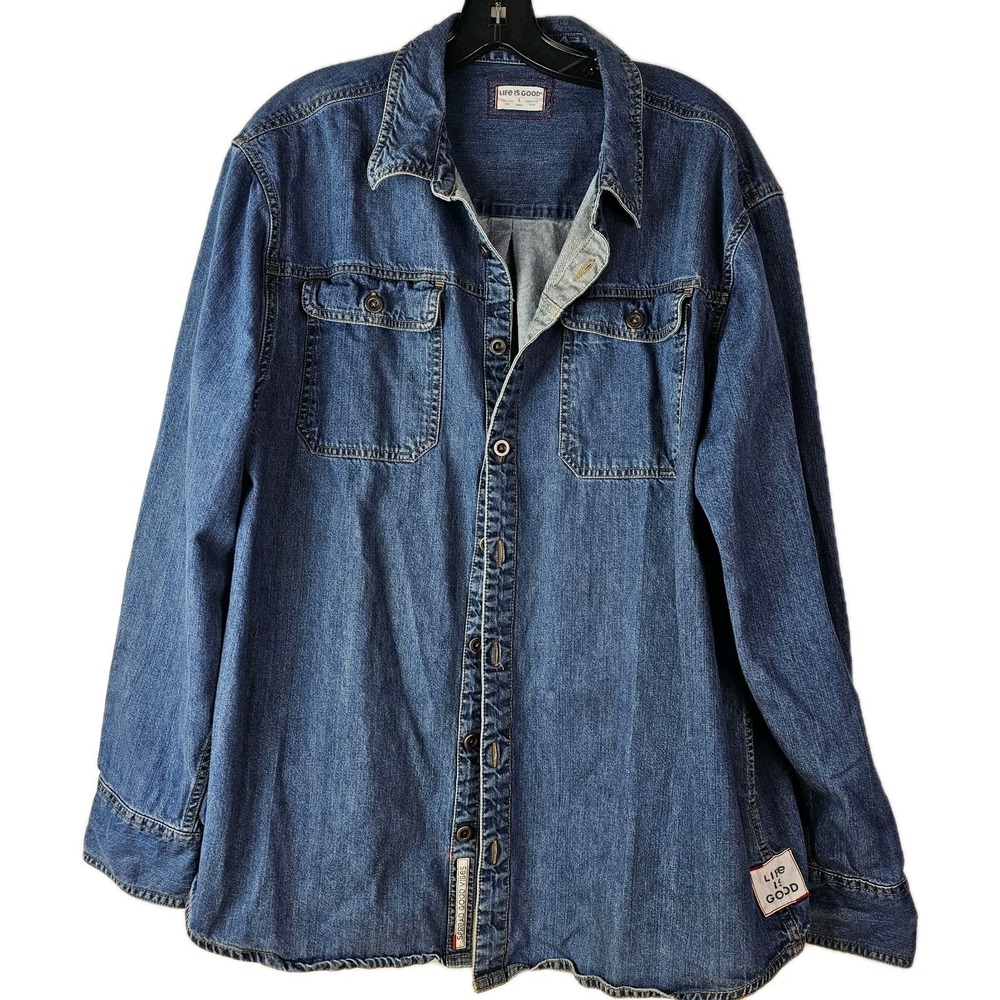 Life is Good Shirt LS‎ L Blue Button Denim Business Casual Western Logo Mens